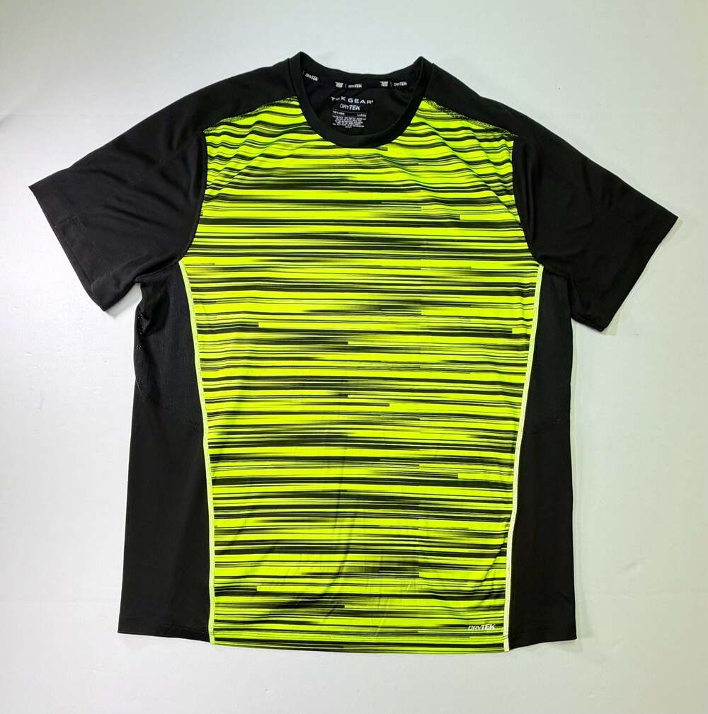 Tek Gear DryTek Neon Yellow and Black Striped Short Sleeve Workout Shirt Large